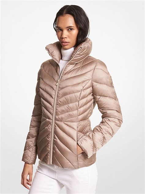 michael kors nylon bag that comes with packable puffer jacket|Michael Kors shiny puffer jacket.